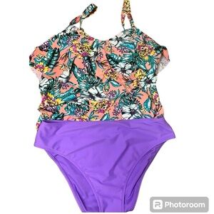 Costa Del Sol Floral Ruffle Tankini Swimsuit SZ 1X